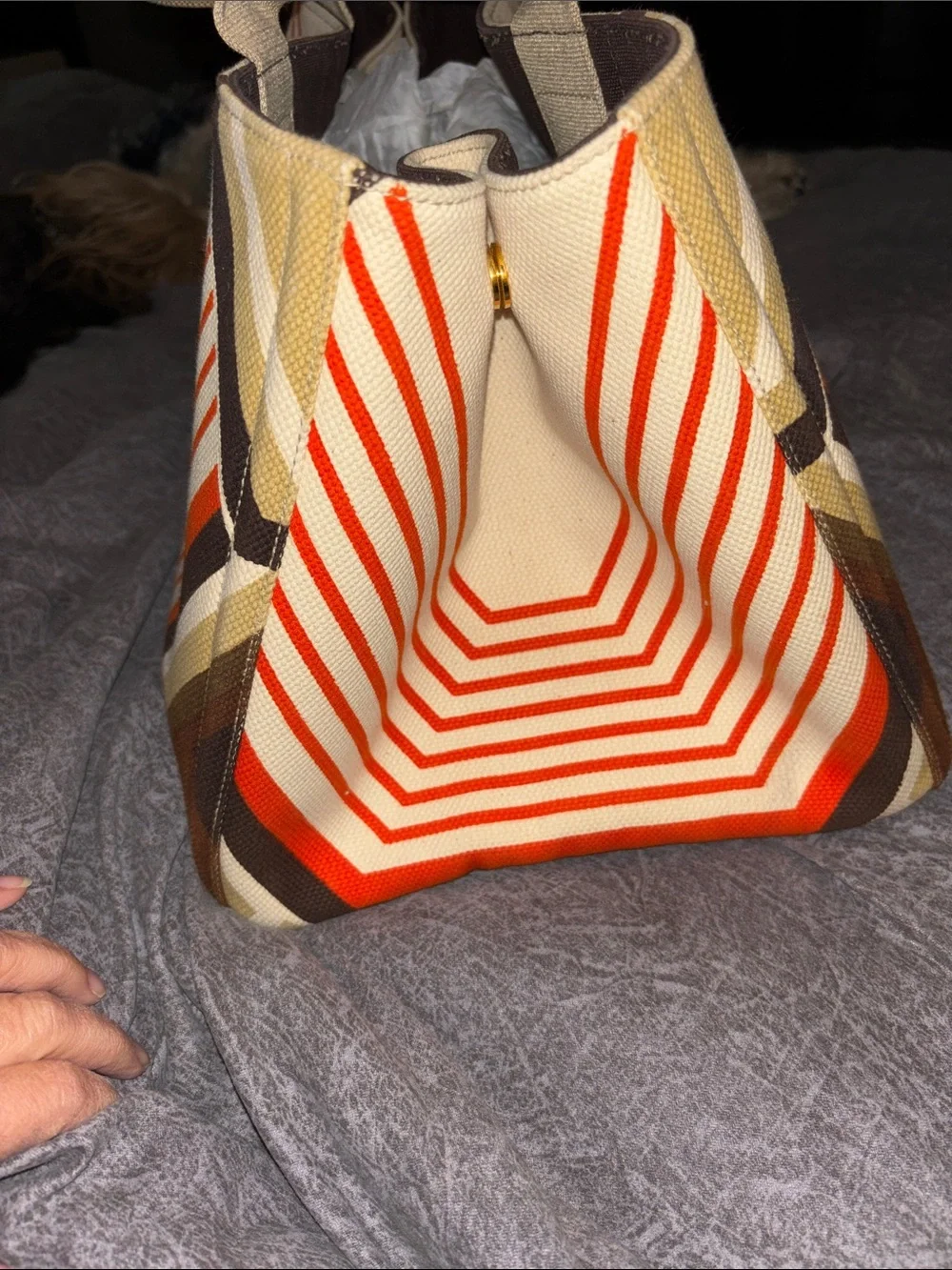 Prada Canvas Tote Bag with Orange Stripe Accent